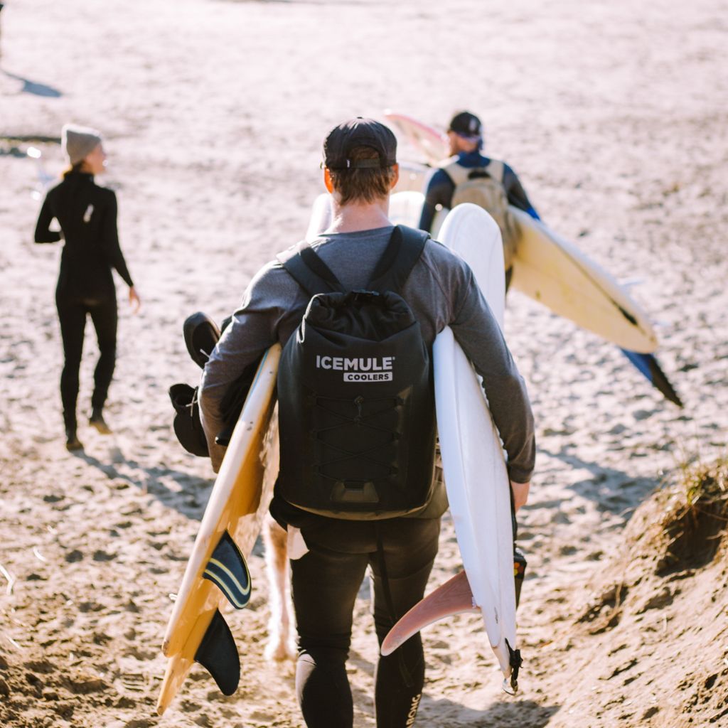 person walking with surfboards and Pro Large on their back 